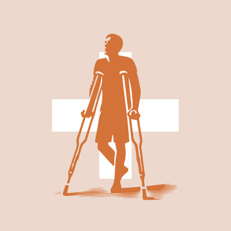 Silhouette of man with crutches, vector illustration.のイラスト素材
