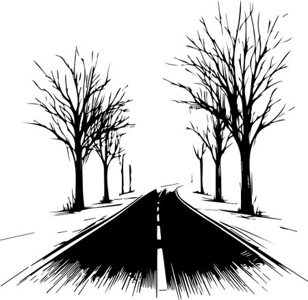 Vector illustration of a road with bare trees on a white background.のイラスト素材
