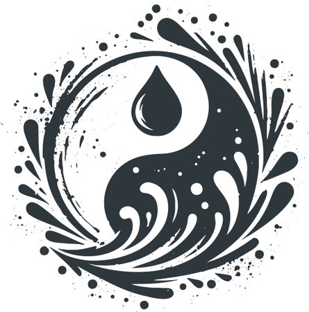 Black and white vector illustration of a drop of water and waves.のイラスト素材