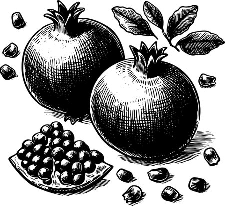Pomegranate. Black and white engraving vector illustration.のイラスト素材