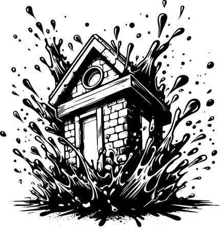 Black and White Illustration of a House with Splashes of Waterのイラスト素材