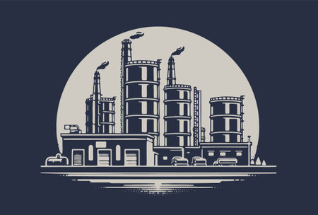 Industrial building with chimneys. Vector illustration in flat style.のイラスト素材