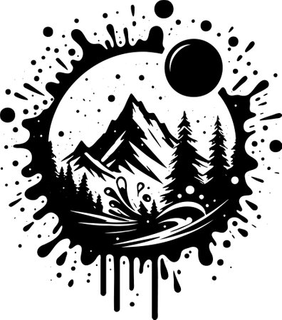 Mountain and forest with a sun. Vector illustration ready for vinyl cutting.のイラスト素材