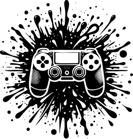 Gamepad and splashes of ink. Black and white vector illustration.のイラスト素材