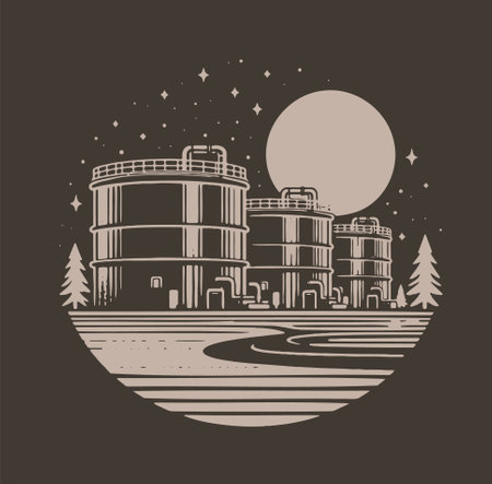 Industrial building on the background of the moon. Vector illustration.のイラスト素材