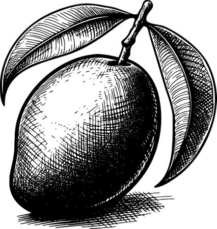 Mango Fruit. Vector illustration ready for vinyl cutting. Black and white engraved ink art.のイラスト素材