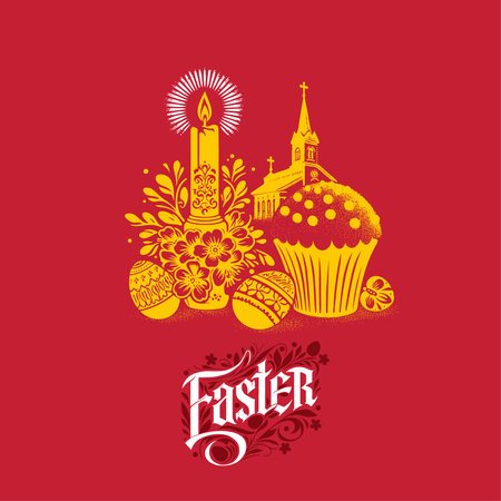 Easter greeting card with cupcakes, candelabrum, eggs and flowers. Vector illustration.