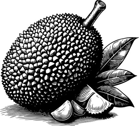 Black and white engraving illustration of durian fruit with leavesのイラスト素材