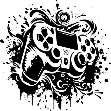 Gamepad and grunge splashes on white background, vector illustrationのイラスト素材