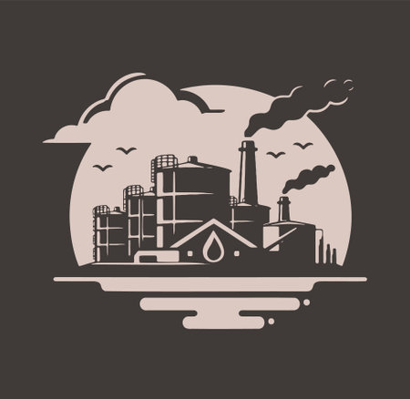 Factory with chimney and smoke on dark background. Vector illustration.のイラスト素材