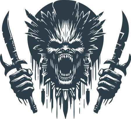 Graphic illustration of an angry orc warrior with two swords viewed from the side set inside circle on isolated white background.のイラスト素材