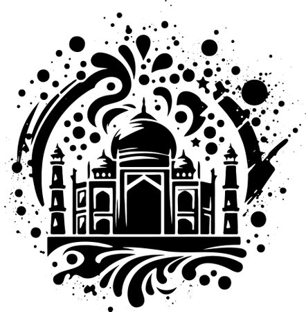Vector illustration of Taj Mahal, India. Black silhouette on white backgroundのイラスト素材