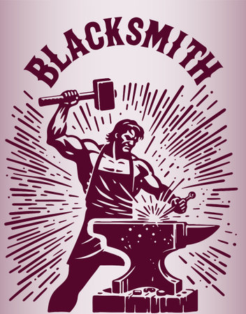 blacksmith with hammer on the anvil, illustration in vector formatのイラスト素材