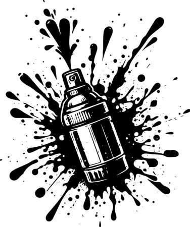 Graffiti spray can with paint splashes. Black and white vector illustration.のイラスト素材