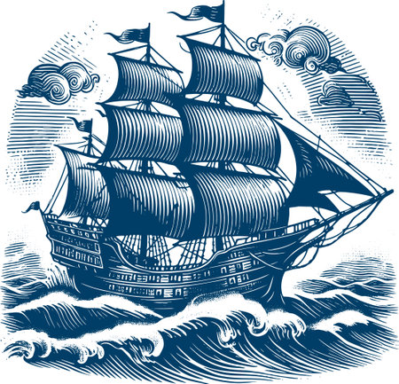 Sailing ship in the sea. Vector illustration of a sailboat.のイラスト素材