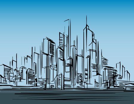 City skyline on blue sky background. Vector illustration. Line art.のイラスト素材