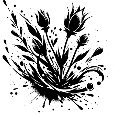 Grunge floral background with flowers. Black and white vector illustration.のイラスト素材