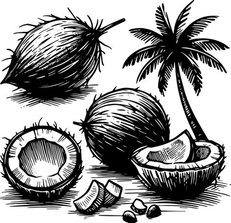 Coconut fruits set. Black and white engraved ink art. Vector illustration.のイラスト素材