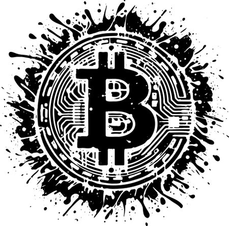 Bitcoin with splashes and blots. Black and white vector illustration.のイラスト素材
