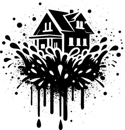Black and white illustration of a house on a white background with splashesのイラスト素材