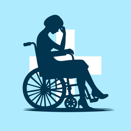 Disabled woman in wheelchair vector silhouette illustration isolated on blue background.のイラスト素材