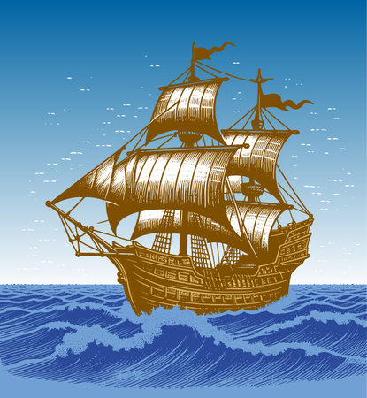 Sailing ship on the sea. Vector illustration for your design.のイラスト素材