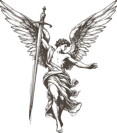 angel with sword in hand and powerful wings is made in dynamic engraving styleのイラスト素材