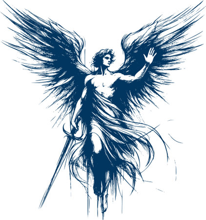 A warlike angel with powerful wings and a sword is made in a graphic style with many linesのイラスト素材