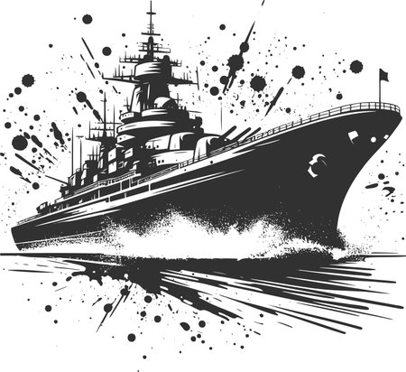 a large warship sails forward ready for battle like a stencil drawing with blots and splashesのイラスト素材