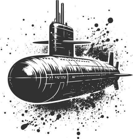 modern military submarine in stencil design with sidecars and splashesのイラスト素材