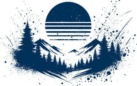 mountains against the backdrop of a coniferous forest simple minimalistic stencil illustration with splashes and blotsのイラスト素材