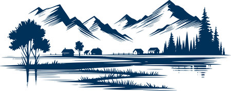 small village against the backdrop of majestic mountains simple minimalistic stencil illustrationのイラスト素材