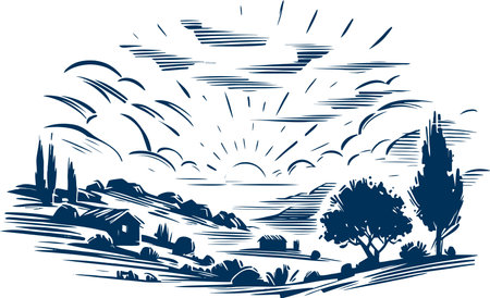 sunrise in the countryside simple minimalistic stencil illustrationのイラスト素材