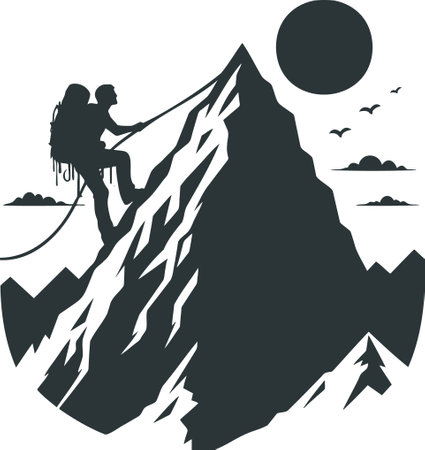Silhouette of a climber climbing a mountain in a minimalist styleのイラスト素材