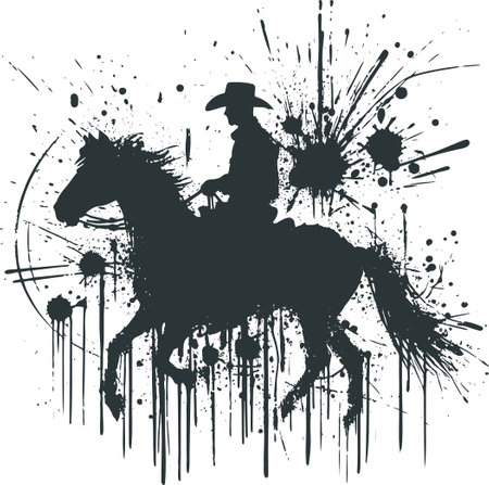 Silhouette of a cowboy riding a horse in stencil style with splashesのイラスト素材