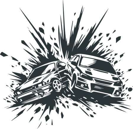 Dynamic Car Crash in Black and White Graphic Styleのイラスト素材