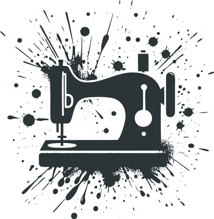 The image shows a black silhouette of a sewing machine with an artistic ink splash background. This combination of a vintage sewing machine and modern ink splatter style makes it visually striking and relevant for creative and artistic contextsのイラスト素材