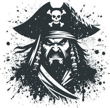 Fierce Pirate Portrait in Black and White Ink Styleのイラスト素材