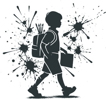 Silhouette of Schoolboy with Backpack in Black Ink Splatter Stylのイラスト素材