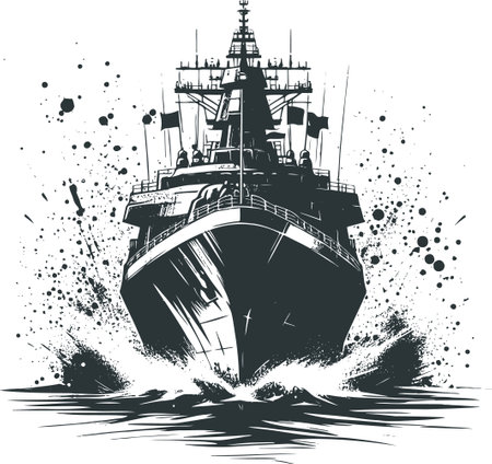 Mighty Military Ship in Ink Splash Style at Seaのイラスト素材