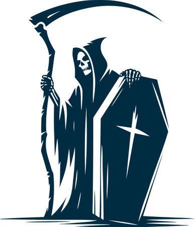 Grim Reaper Holding Coffin in Dark Gothic Styleのイラスト素材