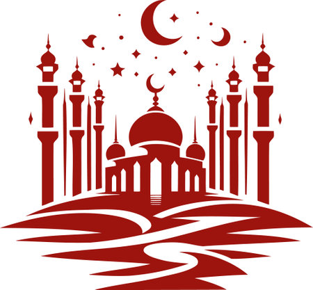 Minimalist Red Mosque Silhouette with Crescent Moon and Starsのイラスト素材