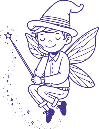 Minimalist Fairy Boy with Wings and Magic Wand Sketchのイラスト素材