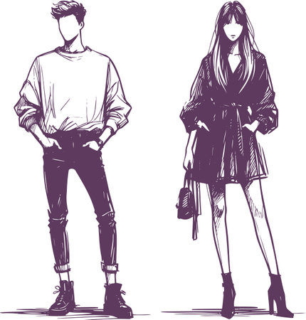 Fashionable duo in modern clothes minimalistic graphics with an emphasis on detailsのイラスト素材