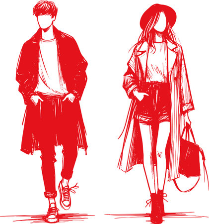 An elegant pair in a minimalist fashion style with clear lines and silhouettesのイラスト素材