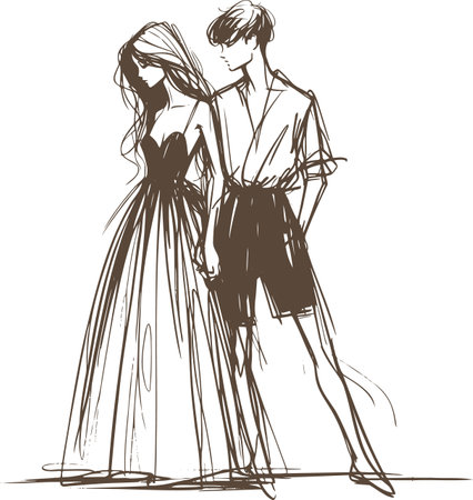 Modern couple on a walk minimalist style with clear linesのイラスト素材