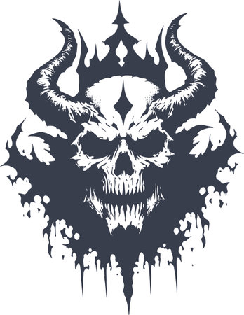 A dark gothic style illustration of a demonic skull with large curved horns and a crown like structure rendered in a dripping ink splatter techniqueのイラスト素材