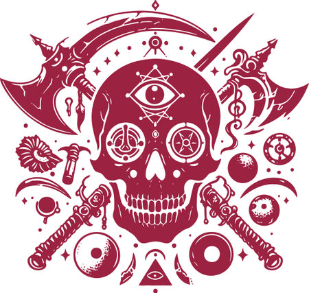 Symmetrical arrangement of fantasy themed weapons and mystical symbols in detailed monochromatic red stylized illustrationのイラスト素材