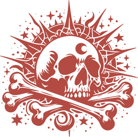 Stylized skull with crossed bones and spiked circular background in illustrative tattoo art styleのイラスト素材