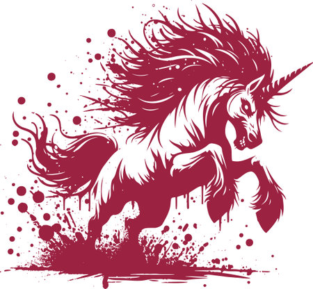 Dynamic Illustration of a Fierce Unicorn in Splattered Ink Art Styleのイラスト素材